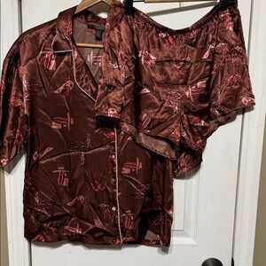 Luxurious Brown Cowboy Cowgirl Satin Pajama Short Shirt Set Women Size Medium